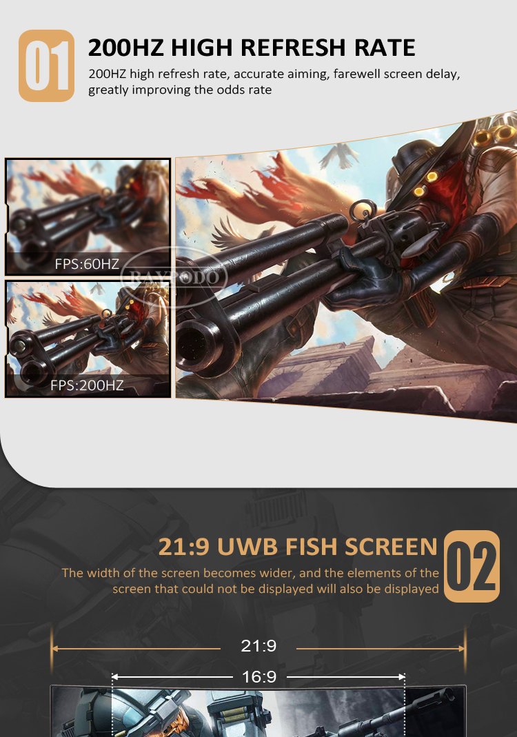 Raypodo 30 inch Curved PC gaming monitor with 2560 * 1080 resolution 200hz refresh rate Raypodo 30 inch 200hz PC gaming monitor specification 4 Raypodotech